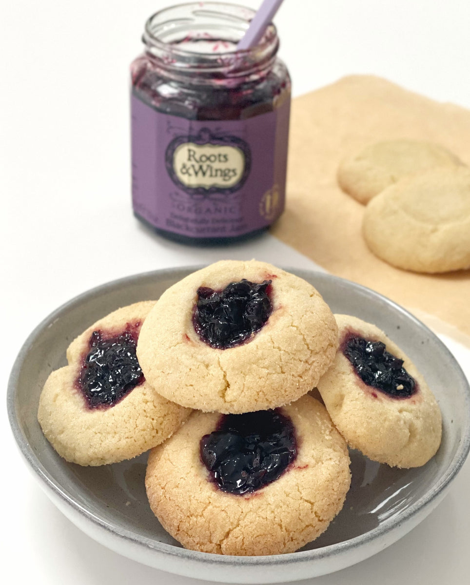 Blackcurrant Jam Thumbprint Biscuits – Roots & Wings Organic