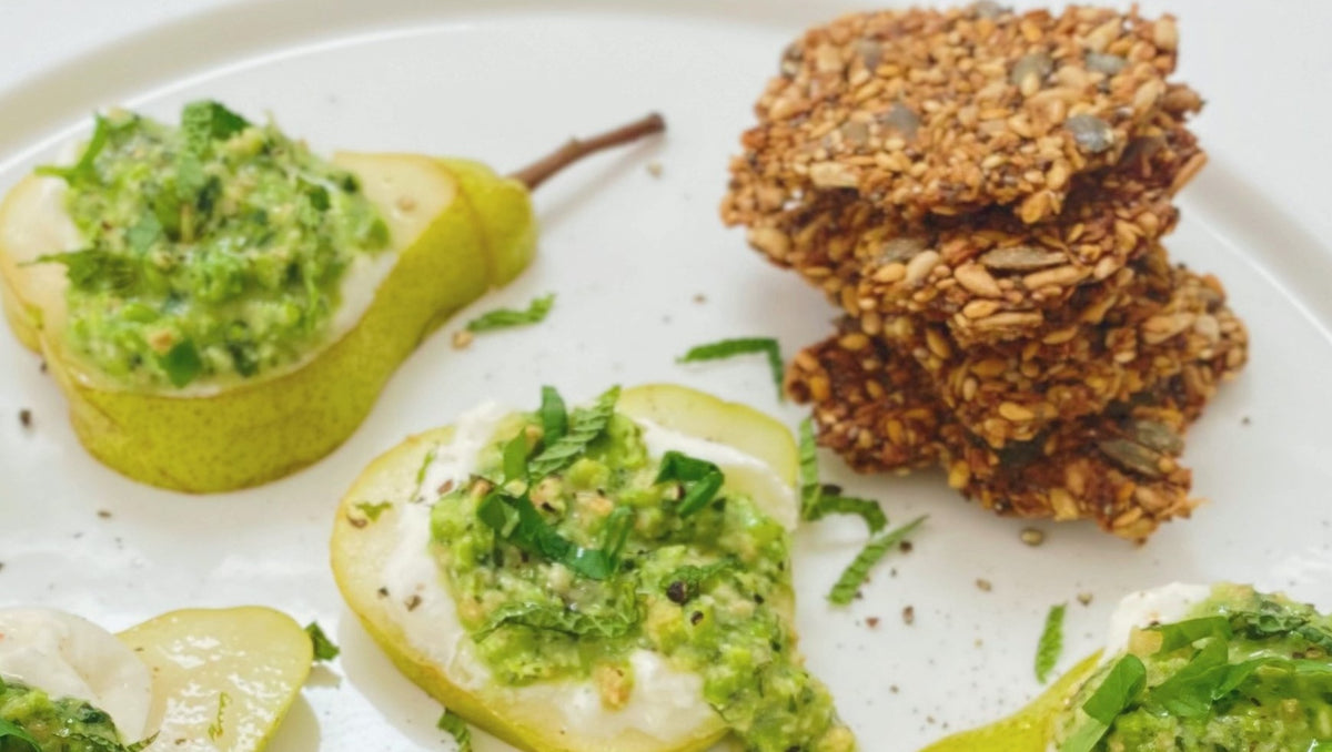 Pear & Burrata with Hazelnut & Mint Pesto – Roots & Wings Organic