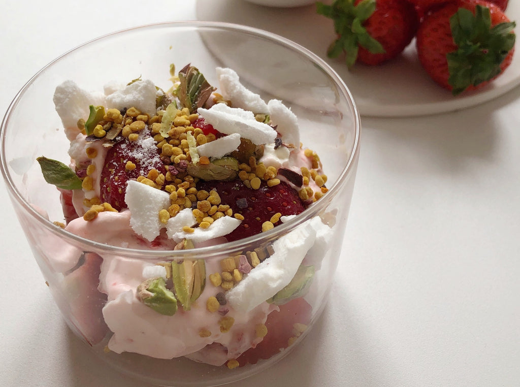 Delicious Eton Mess with a sprinkling of Roots & Wings Organic Bee Pollen, from wild flowers in organic pastures.